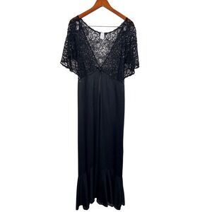 Tres Chic Vintage Black Lace Maxi Nightgown Dress Flutter Sleeve Ruffle Hem 3X
